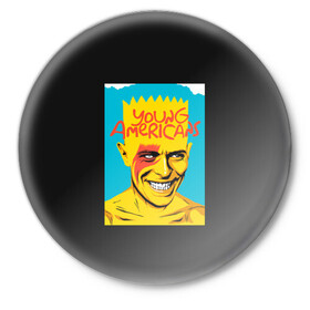 Значок с принтом Bart x Bowie в Екатеринбурге,  металл | круглая форма, металлическая застежка в виде булавки | bart | simpsons | the simpson | барт | дэвид бови | дэвид боуи | мульт | мультфильм | симпсоны