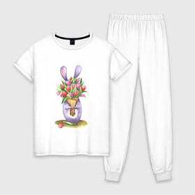 Женская пижама хлопок с принтом Зайчик с букетом в Екатеринбурге, 100% хлопок | брюки и футболка прямого кроя, без карманов, на брюках мягкая резинка на поясе и по низу штанин | 8марта | animals | bright | bunny | cute | flowers | funny | gift | green | holiday | lilac | pink | red | spring | summer | tulip | букет | весна | деньрождения | животные | заяц | зеленый | красный | лето | милый | подарок | розовый | тюльпан | цветы