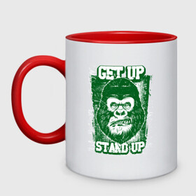 Кружка двухцветная с принтом Get Up - Stand Up в Екатеринбурге, керамика | объем — 330 мл, диаметр — 80 мм. Цветная ручка и кайма сверху, в некоторых цветах — вся внутренняя часть | bob marley | get up | get up stand up | gorilla | stand up | боб марли | вставай | горилла | обезьяна