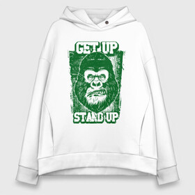 Женское худи Oversize хлопок с принтом Get Up - Stand Up в Екатеринбурге, френч-терри — 70% хлопок, 30% полиэстер. Мягкий теплый начес внутри —100% хлопок | боковые карманы, эластичные манжеты и нижняя кромка, капюшон на магнитной кнопке | Тематика изображения на принте: bob marley | get up | get up stand up | gorilla | stand up | боб марли | вставай | горилла | обезьяна