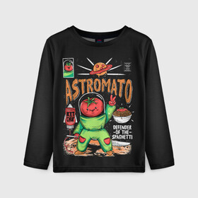 Детский лонгслив 3D с принтом Astromato в Екатеринбурге, 100% полиэстер | длинные рукава, круглый вырез горловины, полуприлегающий силуэт
 | alive | astronaut | defender | food | galaxy | ketchup | monster | moon | pizza | planet | space | spaghetti | tomato | vegetable | астронавт | галактика | еда | живая | живой | защитник | кетчуп | космос | луна | монстр | овощ | пицца | планета | помидор
