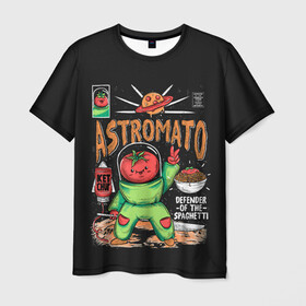 Мужская футболка 3D с принтом Astromato в Екатеринбурге, 100% полиэфир | прямой крой, круглый вырез горловины, длина до линии бедер | Тематика изображения на принте: alive | astronaut | defender | food | galaxy | ketchup | monster | moon | pizza | planet | space | spaghetti | tomato | vegetable | астронавт | галактика | еда | живая | живой | защитник | кетчуп | космос | луна | монстр | овощ | пицца | планета | помидор