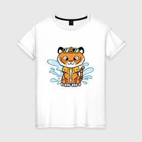 Женская футболка хлопок с принтом Тигренок на отдыхе в Екатеринбурге, 100% хлопок | прямой крой, круглый вырез горловины, длина до линии бедер, слегка спущенное плечо | tiger | брызги воды | вода | животное | зверь | очки | тигр | тигренок | хищник