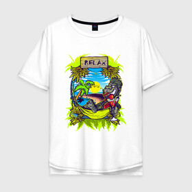 Мужская футболка хлопок Oversize с принтом RELAX | МОРЕ | ПЛЯЖ в Екатеринбурге, 100% хлопок | свободный крой, круглый ворот, “спинка” длиннее передней части | palm | relax | sea | sun | гамак | горилла | лето | море | небо | обезьяна | отпуск | пальма | пальмы | пляж | релакс | солнце