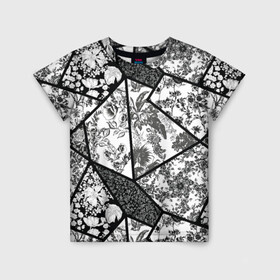 Детская футболка 3D с принтом Цветочный Кинцуги / Kintsugi в Екатеринбурге, 100% гипоаллергенный полиэфир | прямой крой, круглый вырез горловины, длина до линии бедер, чуть спущенное плечо, ткань немного тянется | kintsugi | кинцуги | разбитый | трещины | флора | флоральный | цветочный | цветы | чб | черно белый
