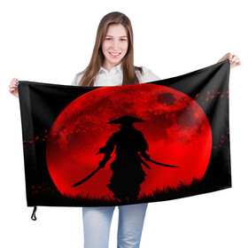 Флаг 3D с принтом САМУРАЙ кровавой луны в Екатеринбурге, 100% полиэстер | плотность ткани — 95 г/м2, размер — 67 х 109 см. Принт наносится с одной стороны | воин | катана | кроваваялуна | культура | самурай | япония | японскаякультура