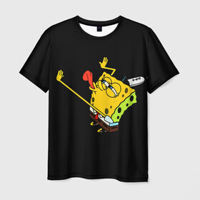 Мужская футболка 3D с принтом SpongeBob 3s в Екатеринбурге, 100% полиэфир | прямой крой, круглый вырез горловины, длина до линии бедер | Тематика изображения на принте: губка боб | на коленях | облизывает | один | спанч боб