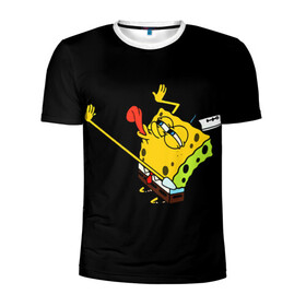 Мужская футболка 3D спортивная с принтом SpongeBob 3s в Екатеринбурге, 100% полиэстер с улучшенными характеристиками | приталенный силуэт, круглая горловина, широкие плечи, сужается к линии бедра | Тематика изображения на принте: губка боб | на коленях | облизывает | один | спанч боб