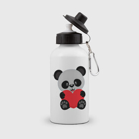 Бутылка спортивная с принтом Love Панда в Екатеринбурге, металл | емкость — 500 мл, в комплекте две пластиковые крышки и карабин для крепления | Тематика изображения на принте: маленькая панда | медвежонок | панда | сердце | черно белый медведь