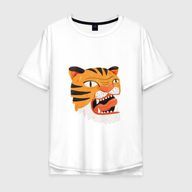 Мужская футболка хлопок Oversize с принтом Mad tiger в Екатеринбурге, 100% хлопок | свободный крой, круглый ворот, “спинка” длиннее передней части | берсерк | злось | пантера | показывать язык | тигр