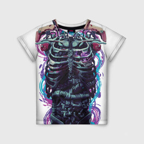 Детская футболка 3D с принтом Cuber skelet в Екатеринбурге, 100% гипоаллергенный полиэфир | прямой крой, круглый вырез горловины, длина до линии бедер, чуть спущенное плечо, ткань немного тянется | Тематика изображения на принте: cyber | cyberpunk | cyborg | future | gwaenor | punk | retro | skeleton | киберпанк | киборг | ретро | скелет
