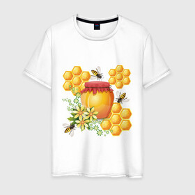 Мужская футболка хлопок с принтом Пчелки и мёд в Екатеринбурге, 100% хлопок | прямой крой, круглый вырез горловины, длина до линии бедер, слегка спущенное плечо. | здоровье | мед | насекомые | природа | пчелы | цветы