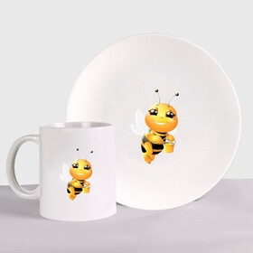 Набор: тарелка + кружка с принтом Милая пчелка в Екатеринбурге, керамика | Кружка: объем — 330 мл, диаметр — 80 мм. Принт наносится на бока кружки, можно сделать два разных изображения. 
Тарелка: диаметр - 210 мм, диаметр для нанесения принта - 120 мм. | Тематика изображения на принте: здоровье | мед | насекомые | природа | пчела | пчелка | пчелы