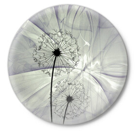 Значок с принтом Одуванчики в Екатеринбурге,  металл | круглая форма, металлическая застежка в виде булавки | волны | мятое | одуванчик | одуванчики | пух | серый фон | цветок