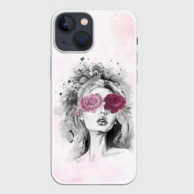Чехол для iPhone 13 mini с принтом Девушка цветы акварель в Екатеринбурге,  |  | акварель | брызги | губы | дама | девушка | девчонка | краски | листья | мода | модель | пастель | пафос | портрет | розовый | тона | фантазия | цветами | цветок | цветы