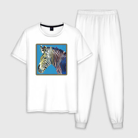 Мужская пижама хлопок с принтом Зебра Энди Уорхол в Екатеринбурге, 100% хлопок | брюки и футболка прямого кроя, без карманов, на брюках мягкая резинка на поясе и по низу штанин
 | andrew warholaа | andy warhol | art | artist | homo universale | horse | pop art | zebra | африка | животные | зебра | искусство | конь | лошадь | поп арт | саванна | современное искусство | старые картины | уорхол | художник