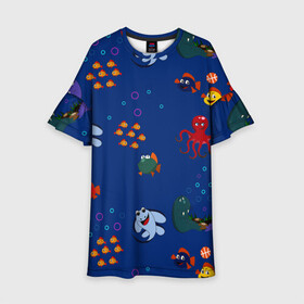 Детское платье 3D с принтом подводный мир в Екатеринбурге, 100% полиэстер | прямой силуэт, чуть расширенный к низу. Круглая горловина, на рукавах — воланы | blue | children | fish | marine | ocean | акула | вода | детская иллюстрация | желтый | золотая рыбка | игры | красный | лето | море | морской | мультяшный | мяч | океан | осьминог | подводный | принт для детей | пузыри