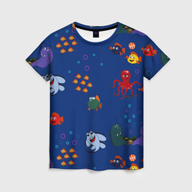 Женская футболка 3D с принтом подводный мир в Екатеринбурге, 100% полиэфир ( синтетическое хлопкоподобное полотно) | прямой крой, круглый вырез горловины, длина до линии бедер | blue | children | fish | marine | ocean | акула | вода | детская иллюстрация | желтый | золотая рыбка | игры | красный | лето | море | морской | мультяшный | мяч | океан | осьминог | подводный | принт для детей | пузыри