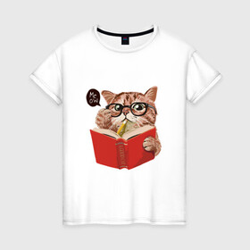 Женская футболка хлопок с принтом Умный кот в Екатеринбурге, 100% хлопок | прямой крой, круглый вырез горловины, длина до линии бедер, слегка спущенное плечо | карандаш | книга | кот | котик | кошка | мысли | очки | пушистый | рыжий | создания | умный | ученый | чтение
