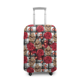Чехол для чемодана 3D с принтом Розы в клеточку в Екатеринбурге, 86% полиэфир, 14% спандекс | двустороннее нанесение принта, прорези для ручек и колес | абстракция | паттерн | розы | текстуры | узоры | цветочки | цветы