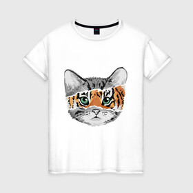 Женская футболка хлопок с принтом Тигровый гот в Екатеринбурге, 100% хлопок | прямой крой, круглый вырез горловины, длина до линии бедер, слегка спущенное плечо | глаза усы | животные | звери | киса | кот | котик | пушистый | рыжий | серий | тигр | уши