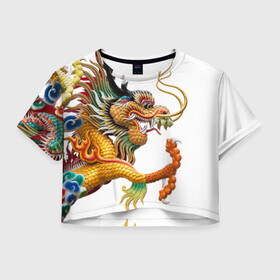 Женская футболка Crop-top 3D с принтом Желтый китайский дракон 3D в Екатеринбурге, 100% полиэстер | круглая горловина, длина футболки до линии талии, рукава с отворотами | азиатский дракон | дракон | дракон 3d | дракон 3д | желтый | желтый азиатский дракон | желтый дракон | желтый китайский дракон | желтый японский дракон | золотой | золотой дракон