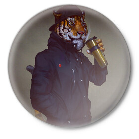 Значок с принтом Тигр На Стиле в Екатеринбурге,  металл | круглая форма, металлическая застежка в виде булавки | животное | зверь | кофе | на стиле | стиль | тигр