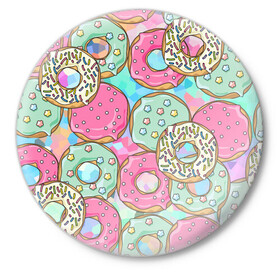 Значок с принтом РазНоцветные Пончики в Екатеринбурге,  металл | круглая форма, металлическая застежка в виде булавки | еда | звездочки | лето | пончики | разноцветные | сладости