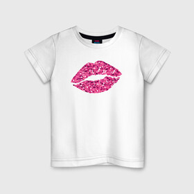 Детская футболка хлопок с принтом Сахарный поцелуй губ в Екатеринбурге, 100% хлопок | круглый вырез горловины, полуприлегающий силуэт, длина до линии бедер | Тематика изображения на принте: блестки | блестящий | губки | губы | краски | отпечаток | поцелуй | розовый