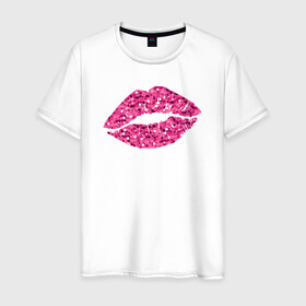 Мужская футболка хлопок с принтом Сахарный поцелуй губ в Екатеринбурге, 100% хлопок | прямой крой, круглый вырез горловины, длина до линии бедер, слегка спущенное плечо. | блестки | блестящий | губки | губы | краски | отпечаток | поцелуй | розовый