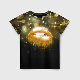 Детская футболка 3D с принтом Губы в Екатеринбурге, 100% гипоаллергенный полиэфир | прямой крой, круглый вырез горловины, длина до линии бедер, чуть спущенное плечо, ткань немного тянется | Тематика изображения на принте: блестки | блестящий | губки | губы | желтый | звезды | краски | отпечаток | поцелуй | розовый | сверкает