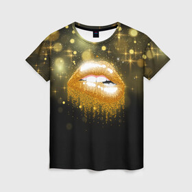 Женская футболка 3D с принтом Губы в Екатеринбурге, 100% полиэфир ( синтетическое хлопкоподобное полотно) | прямой крой, круглый вырез горловины, длина до линии бедер | блестки | блестящий | губки | губы | желтый | звезды | краски | отпечаток | поцелуй | розовый | сверкает