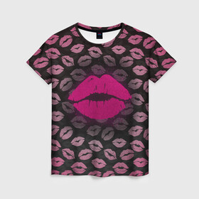 Женская футболка 3D с принтом Малиновые губы в Екатеринбурге, 100% полиэфир ( синтетическое хлопкоподобное полотно) | прямой крой, круглый вырез горловины, длина до линии бедер | блестки | блестящий | губки | губы | желтый | звезды | краски | отпечаток | поцелуй | розовый | сверкает