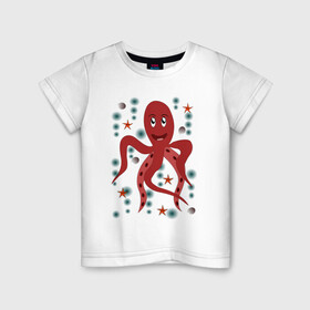 Детская футболка хлопок с принтом Осьминог в Екатеринбурге, 100% хлопок | круглый вырез горловины, полуприлегающий силуэт, длина до линии бедер | морская живность | морское чудовище | осьминог | подводный мир | щупальца осьминога