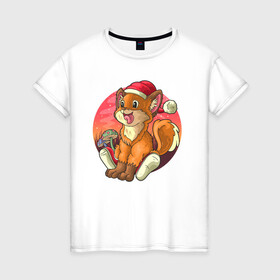 Женская футболка хлопок с принтом Новогодний лисёнок в Екатеринбурге, 100% хлопок | прямой крой, круглый вырез горловины, длина до линии бедер, слегка спущенное плечо | арт | грибочки | дикое животное | иллюстрация | лисёнок