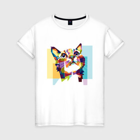 Женская футболка хлопок с принтом Разноцветный котэ в Екатеринбурге, 100% хлопок | прямой крой, круглый вырез горловины, длина до линии бедер, слегка спущенное плечо | colorful | арт | иллюстрация | киска | котёнок