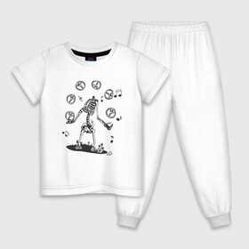 Детская пижама хлопок с принтом Peace & Music в Екатеринбурге, 100% хлопок |  брюки и футболка прямого кроя, без карманов, на брюках мягкая резинка на поясе и по низу штанин
 | любовь | мир | музыка | ноты | скелет | хиппи | черно белый