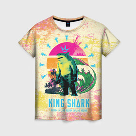 Женская футболка 3D с принтом King Shark в Екатеринбурге, 100% полиэфир ( синтетическое хлопкоподобное полотно) | прямой крой, круглый вырез горловины, длина до линии бедер | Тематика изображения на принте: king shark | nanaue | suicide squad | the suicide squad | vdzabma | кинг шарк | король акул | король акула | нэнуэ