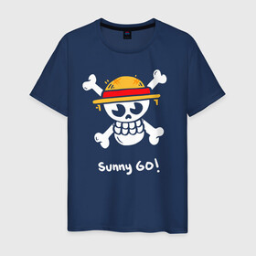 Мужская футболка хлопок с принтом Sunny Go! One Piece в Екатеринбурге, 100% хлопок | прямой крой, круглый вырез горловины, длина до линии бедер, слегка спущенное плечо. | Тематика изображения на принте: anime | manga | one piece | аниме | большой куш | ван пис | весёлый роджер | вон пис | король пиратов | логотип | манга | монки д. луффи | мугивары | перекрещённый костями | пират | пиратский флаг