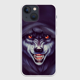 Чехол для iPhone 13 mini с принтом СЕРЫЙ ВОЛК 3D в Екатеринбурге,  |  | волк | горящие глаза | злость | зубы | капишон | оскал | свирепый | туман | ярость