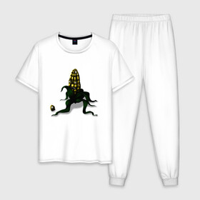 Мужская пижама хлопок с принтом Злая кукуруза в Екатеринбурге, 100% хлопок | брюки и футболка прямого кроя, без карманов, на брюках мягкая резинка на поясе и по низу штанин
 | еда | кукуруза | овощи | страшное | хоррор