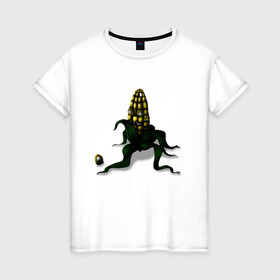 Женская футболка хлопок с принтом Злая кукуруза в Екатеринбурге, 100% хлопок | прямой крой, круглый вырез горловины, длина до линии бедер, слегка спущенное плечо | еда | кукуруза | овощи | страшное | хоррор