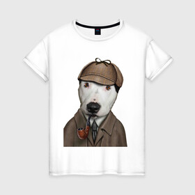 Женская футболка хлопок с принтом Собака Шерлок Холмс в Екатеринбурге, 100% хлопок | прямой крой, круглый вырез горловины, длина до линии бедер, слегка спущенное плечо | кепка | собака | трубка | шерлок холмс | щенок