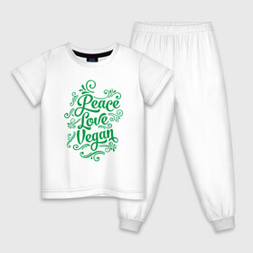 Детская пижама хлопок с принтом Peace Love Vegan в Екатеринбурге, 100% хлопок |  брюки и футболка прямого кроя, без карманов, на брюках мягкая резинка на поясе и по низу штанин
 | Тематика изображения на принте: green | greenpaece | love | nature | peace | sport | vegan | yoga | веган | вегетарианец | гринпис | еда | животные | жизнь | здоровье | зеленый | йога | мир | овощи | пища | планета | природа | растение | спорт | тело | фрукты