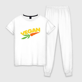 Женская пижама хлопок с принтом Веган - Морковь в Екатеринбурге, 100% хлопок | брюки и футболка прямого кроя, без карманов, на брюках мягкая резинка на поясе и по низу штанин | green | greenpaece | nature | sport | vegan | yoga | веган | вегетарианец | гринпис | еда | животные | жизнь | здоровье | зеленый | йога | мир | овощи | пища | планета | природа | растение | спорт | тело | фрукты