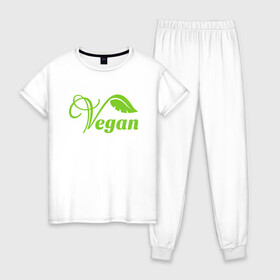 Женская пижама хлопок с принтом Vegan Power в Екатеринбурге, 100% хлопок | брюки и футболка прямого кроя, без карманов, на брюках мягкая резинка на поясе и по низу штанин | green | greenpaece | nature | sport | vegan | yoga | веган | вегетарианец | гринпис | еда | животные | жизнь | здоровье | зеленый | йога | мир | овощи | пища | планета | природа | растение | спорт | тело | фрукты