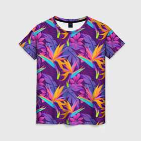 Женская футболка 3D с принтом Тропические листья в Екатеринбурге, 100% полиэфир ( синтетическое хлопкоподобное полотно) | прямой крой, круглый вырез горловины, длина до линии бедер | абстракция | листья | паттерн | текстуры | тропики | узоры | цветы