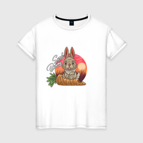 Женская футболка хлопок с принтом Sweet Bunny в Екатеринбурге, 100% хлопок | прямой крой, круглый вырез горловины, длина до линии бедер, слегка спущенное плечо | закат | иллюстрация | крольченок | морковь | сладкий кролик