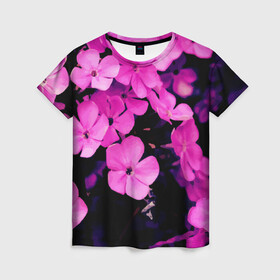 Женская футболка 3D с принтом Цветочный Альянс! в Екатеринбурге, 100% полиэфир ( синтетическое хлопкоподобное полотно) | прямой крой, круглый вырез горловины, длина до линии бедер | краски | лес. | отдых | природа | сад | свежесть | спокойствие | цветочки