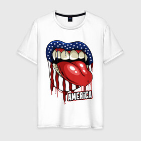 Мужская футболка хлопок с принтом Американский укус в Екатеринбурге, 100% хлопок | прямой крой, круглый вырез горловины, длина до линии бедер, слегка спущенное плечо. | Тематика изображения на принте: америка | вампир | иллюстрация | сша | язык